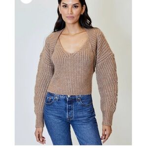 dh NEW YORK Tan V-Neck Sweater with Chunky Balloon Sleeves